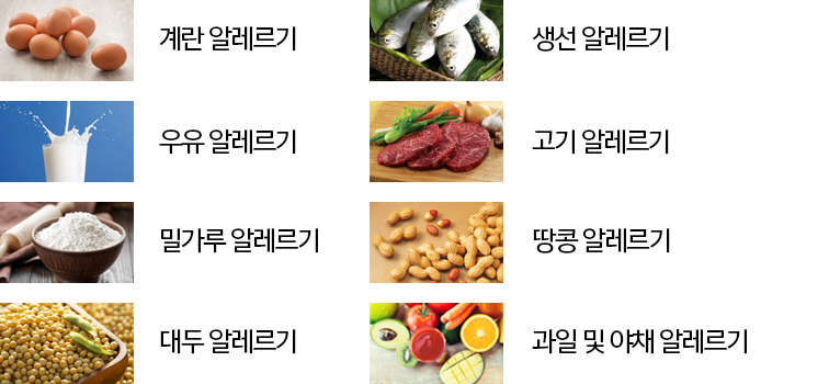 계란 알레르기, 생선 알레르기, 우유 알레르기, 고기 알레르기, 밀가루 알레르기, 땅콩 알레르기, 대두 알레르기, 과일 및 야채 알레르기