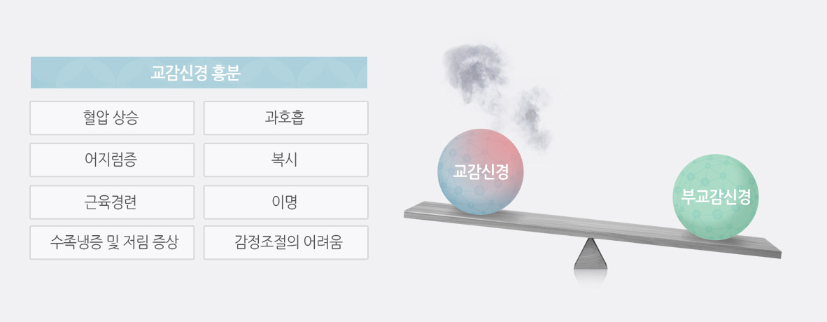 교감신경 흥분: 혈압상승, 과호흡, 어지럼증, 복시, 근육경련, 이명, 수족냉증 및 저림 증상, 감정조절의 어려움