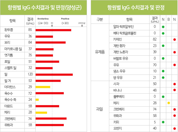 항원별 IgG 수치결과 및 판정(양성군), 항원별 IgG 수치결과 및 판정