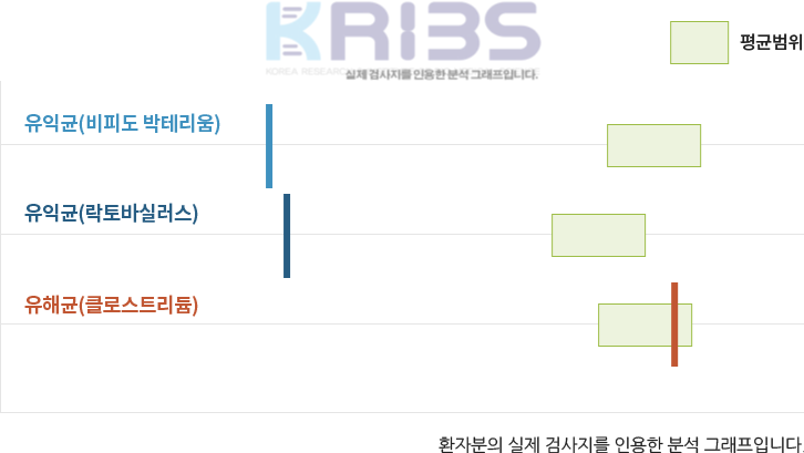 장내 세균 균체수 : 유익균(비피도 박테리움) 평균범위 초과 / 유익균(락토바실러스) 평균범위 초과 / 유해균(클로스트리듐) 평균범위내