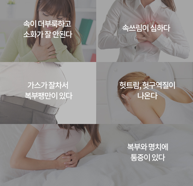 속이 더부룩하고 소화가 잘 안된다, 속쓰림이 심하다, 가스가 잘차서 복부팽만이 있다, 헛트림, 헛구역질이 나온다, 복부와 명치에 통증이 있다.