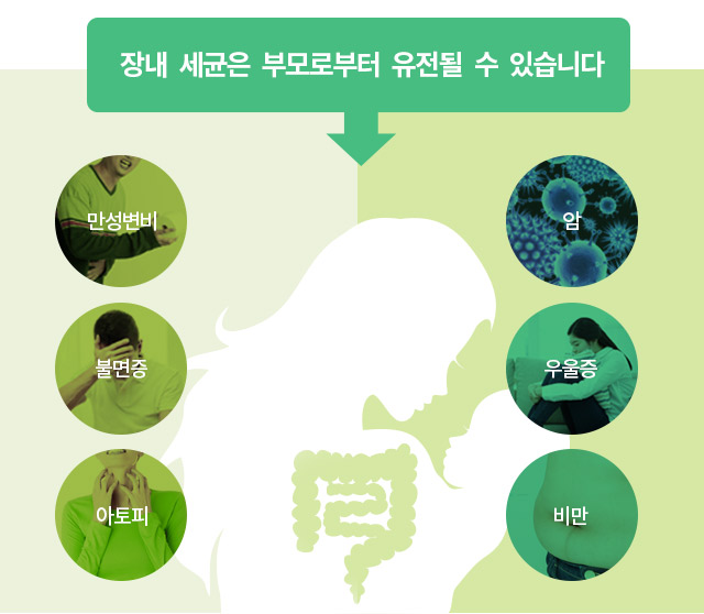 장내 세균은 부모로부터 유전될 수 있습니다. 만성변비, 불면증, 아토피, 암, 우울증, 비만
