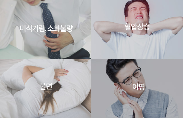 미식거림, 소화불량, 혈압상승, 불면, 이명