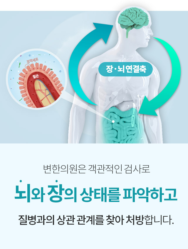 장 뇌 연결축: 변한의원은 객관적인 검사로 뇌와 장의 상태를 파악하고 질병과의 상관 관계를 찾아 처방합니다.