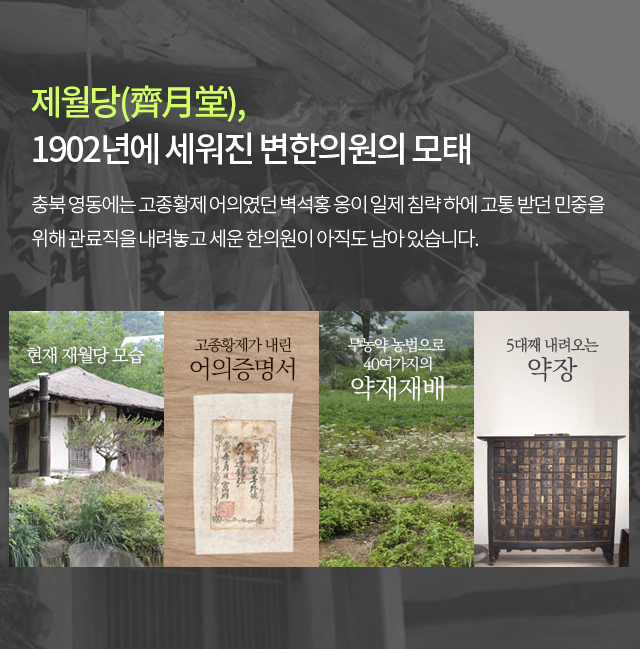 제월당, 1902년에 세워진 변한의원의 모태:충북 영동에는 고종황제 어의였던 벽석홍 옹이 일제 침략 하에 고통 받던 민중을 위해 관료직을 내려놓고 세운 한의원이 아직도 남아 있습니다.