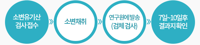 소변유기산 검사 접수, 소변채취, 연구원에 발송(검체 검사), 7~10일후 결과지 확인