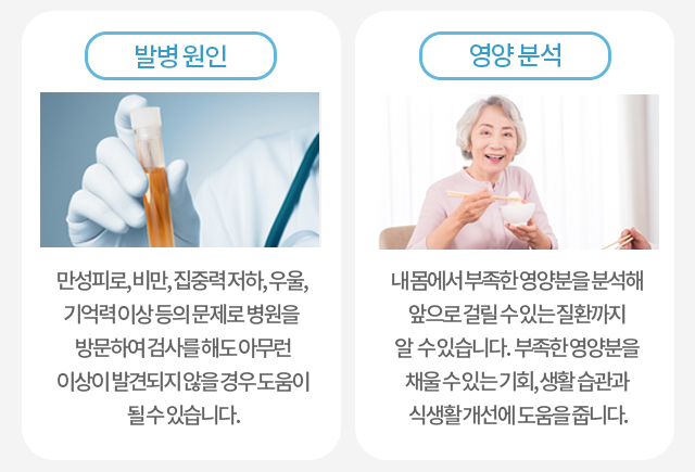 발병원인:만성피로, 비만, 집중력 저하, 우울, 기억력 이상 등의 문제로 병원을 방문하여 검사를 해도 아무런 이상이 발견되지 않을 경우 도움이 될 수 있습니다., 영양 분석: 내 몸에서 부족한 영양분을 분석해 앞으로 걸릴 수 있는 질환까지 알  수 있습니다. 부족한 영양분을 채울 수 있는 기회, 생활 습관과 식생활 개선에 도움을 줍니다.
